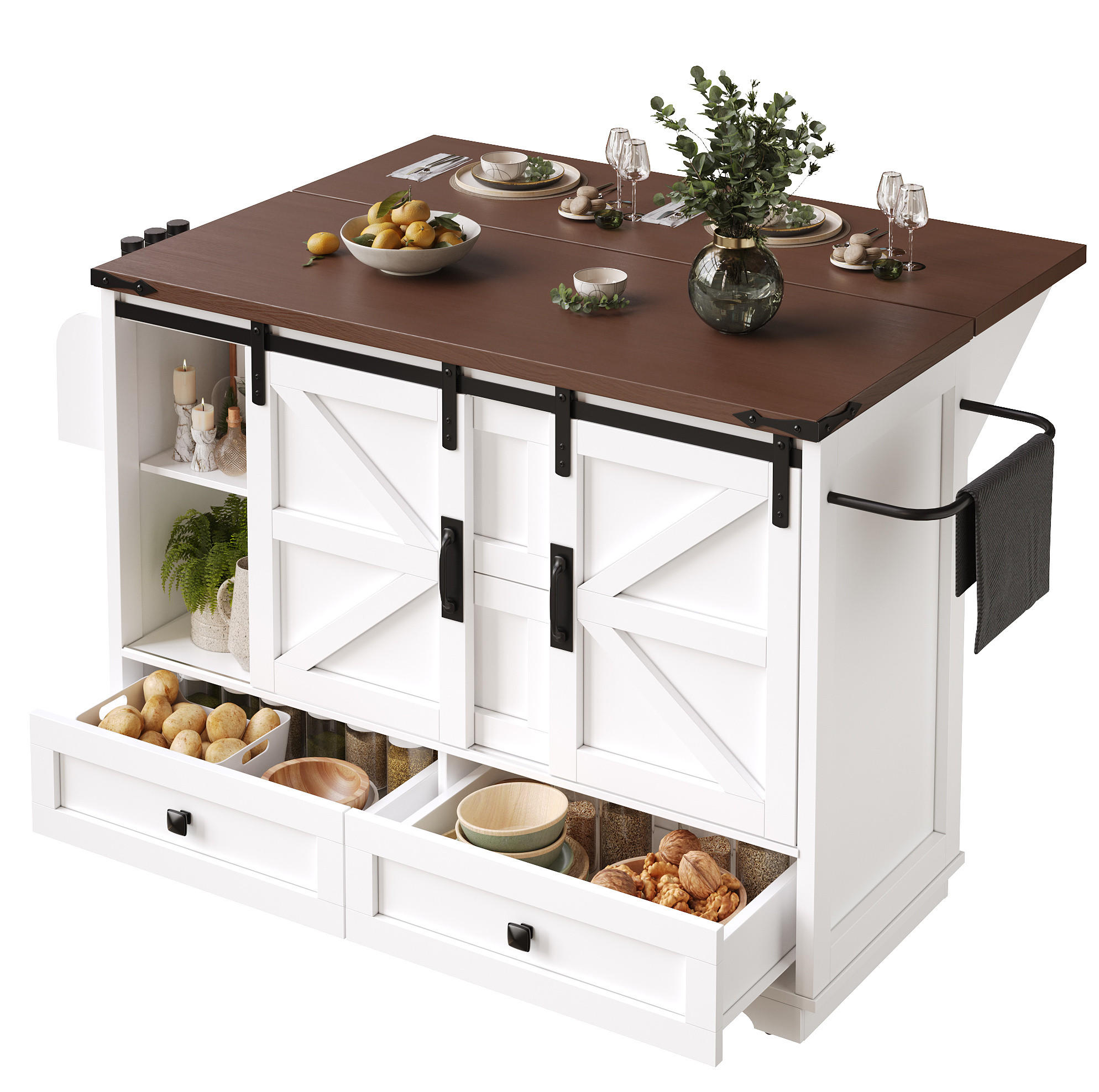 KÜCHENINSEL 142,5/45/92,5 cm Weiß aus MDF mit Klapptisch - Weiß, Holzwerkstoff (142.5/92.5/45cm) - OKWISH