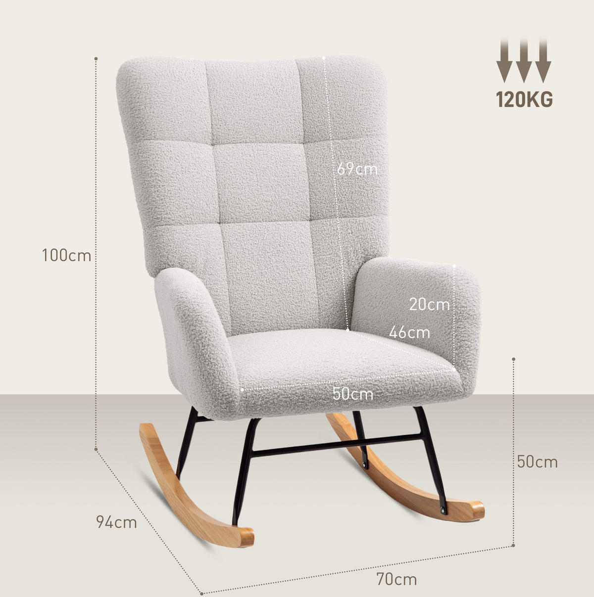 SCHAUKELSTUHL 70/94/100 cm mit Polsterung und hoher Rückenlehne, bis 120 kg - Hellgrau, Textil (70/100/94cm) - BEAOK