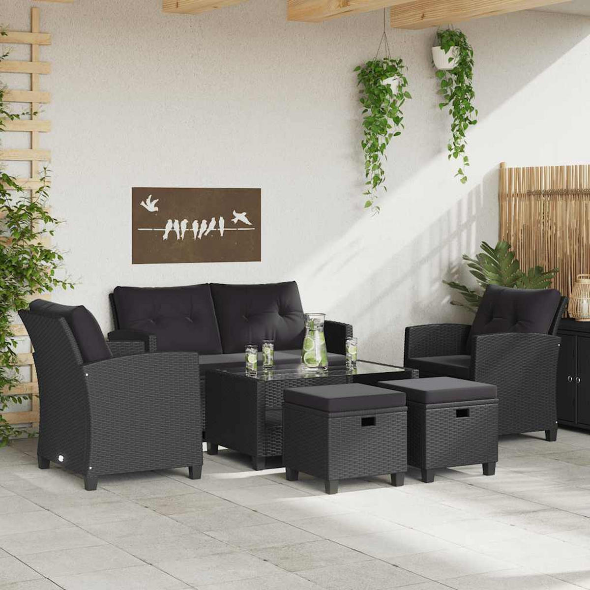 LOUNGEGARNITUR mit Auflagen und 92 cm Couchtisch, aus Poly Rattan und Glas, Schwarz, 6-teiliges Set - Schwarz, Textil/Metall - vidaXL
