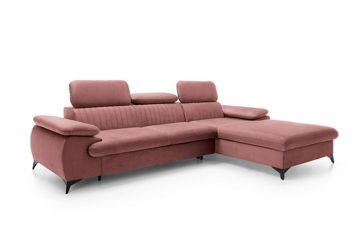 ECKSOFA FIORE Rosa Velours-Stoff mit Schlaffunktion - Rosa, Holz (280/193cm) - MASSENO