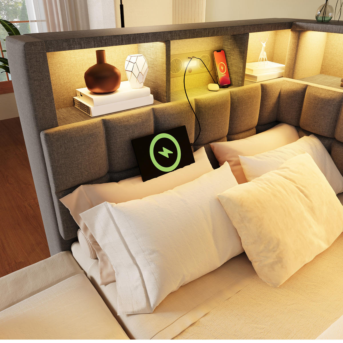 POLSTERBETT 90/200 cm aus Leinen-Baumwolle mit Ausziehbett LED und Bluetooth-Lautsprecher Grau - Grau, Textil (90/200cm) - Modenvie