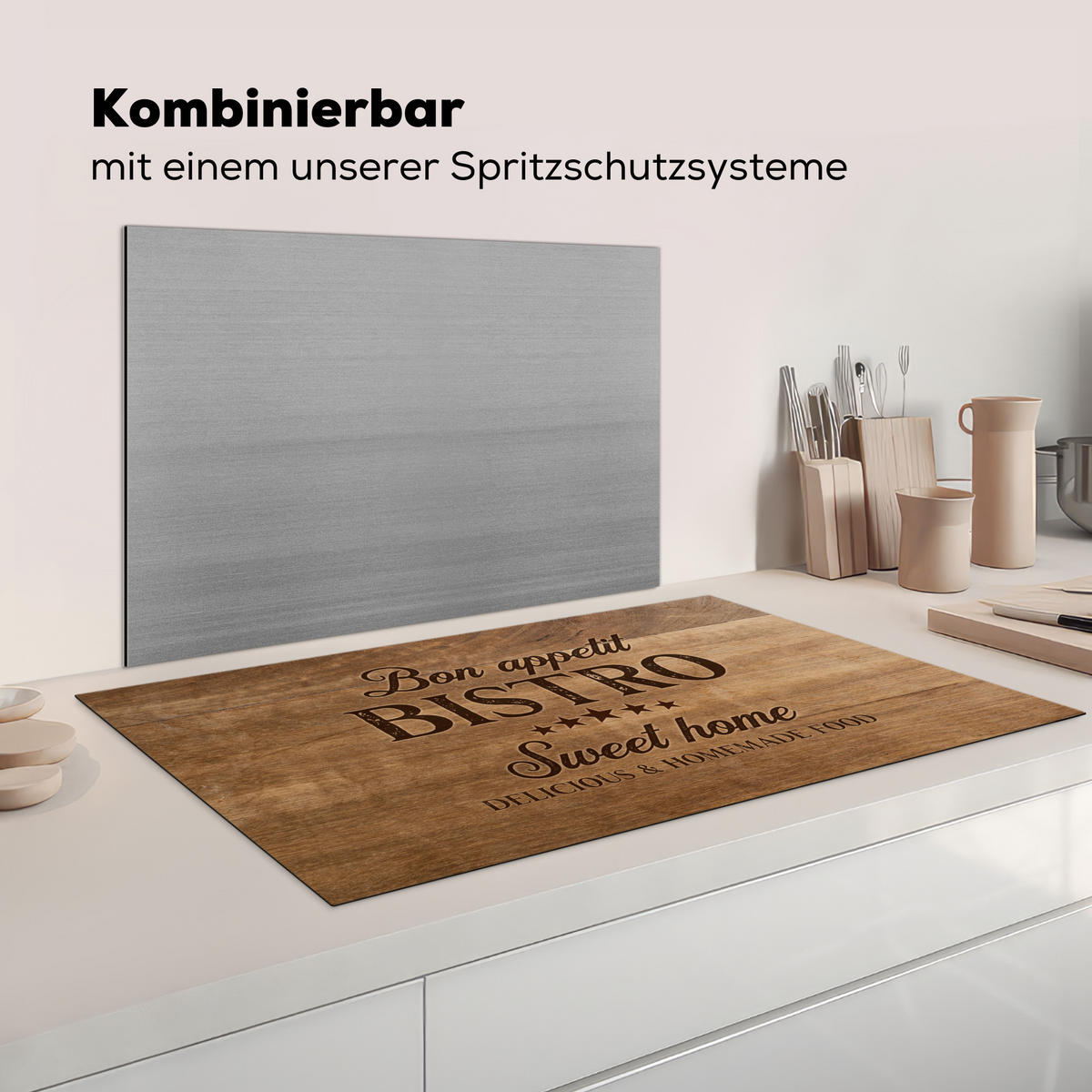 KRYT NA INDUKČNÍ DESKU Citace - Bistro - Dobrou chuť - Sweet home - Textura dřeva 91.6x52.7 cm - hnědá, plast (91.6/52.7/0.2cm) - MuchoWow