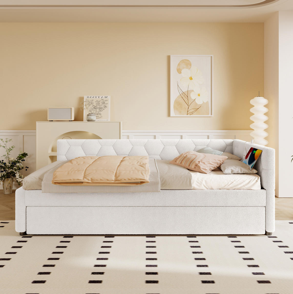POLSTERBETT aus Velvet & MDF 90x200 cm in Weiß mit Ausziehbett, USB & Typ-C - Weiß, Textil (90/200cm) - Modfu