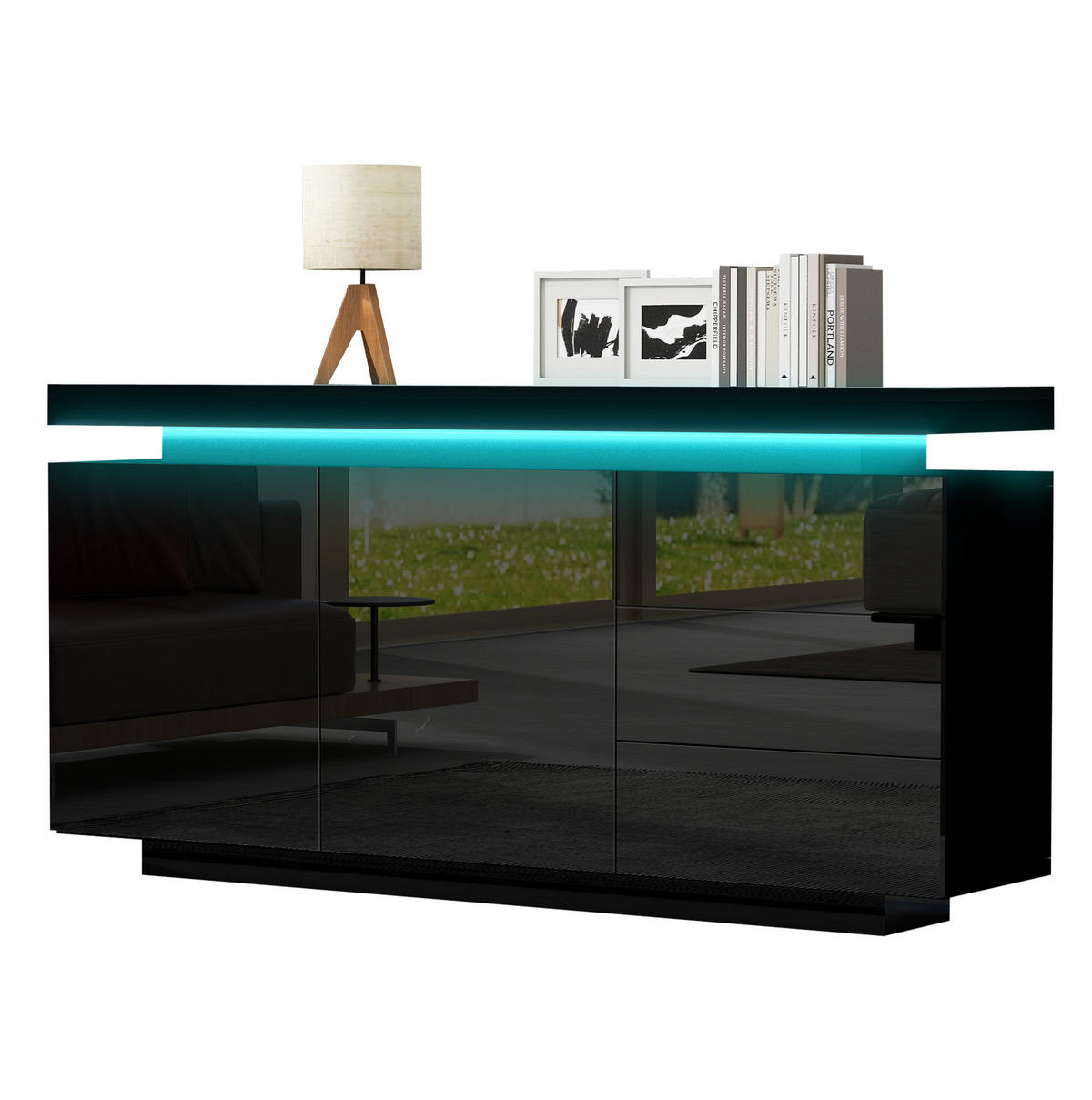 LOWBOARD 140/35/72,5 cm in Schwarz mit LED-Beleuchtung und Hochglanzfront - Schwarz, Holzwerkstoff (38/72/140cm) - Flora Grace