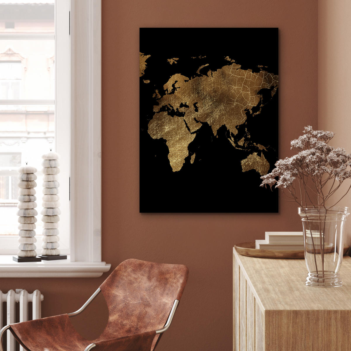 KOVOVÝ OBRAZ Mapa sveta - Zlato - Luxus - Zem - Čierna 60x80 cm - zlatá, kov (60/80cm) - MuchoWow