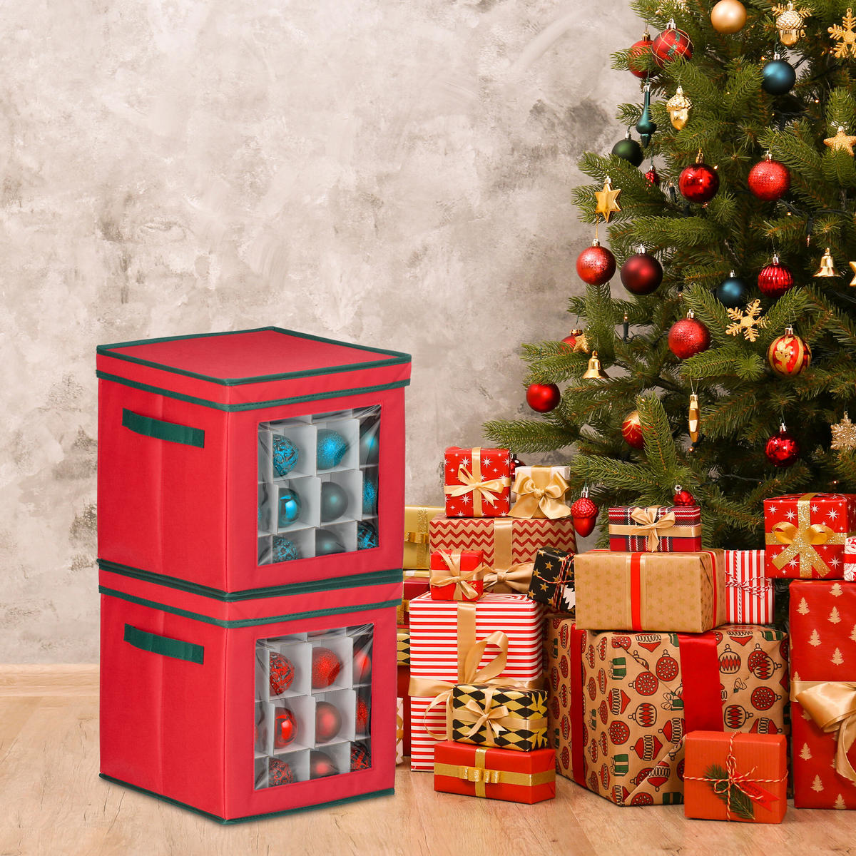 2XWEIHNACHTSKUGEL-AUFBEWAHRUNGSBOX - Rot, Papier/Kunststoff (32/33/32cm) - Relaxdays