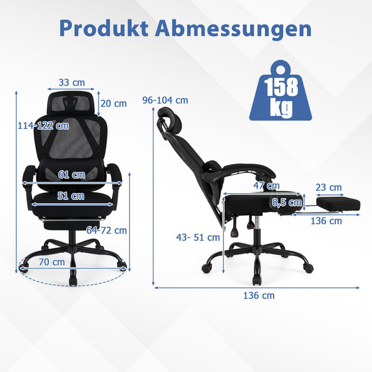 BÜROSTUHL mit ausziehbarer Fußstütze schwarz - Schwarz, Metall (70/114/70cm) - COSTWAY
