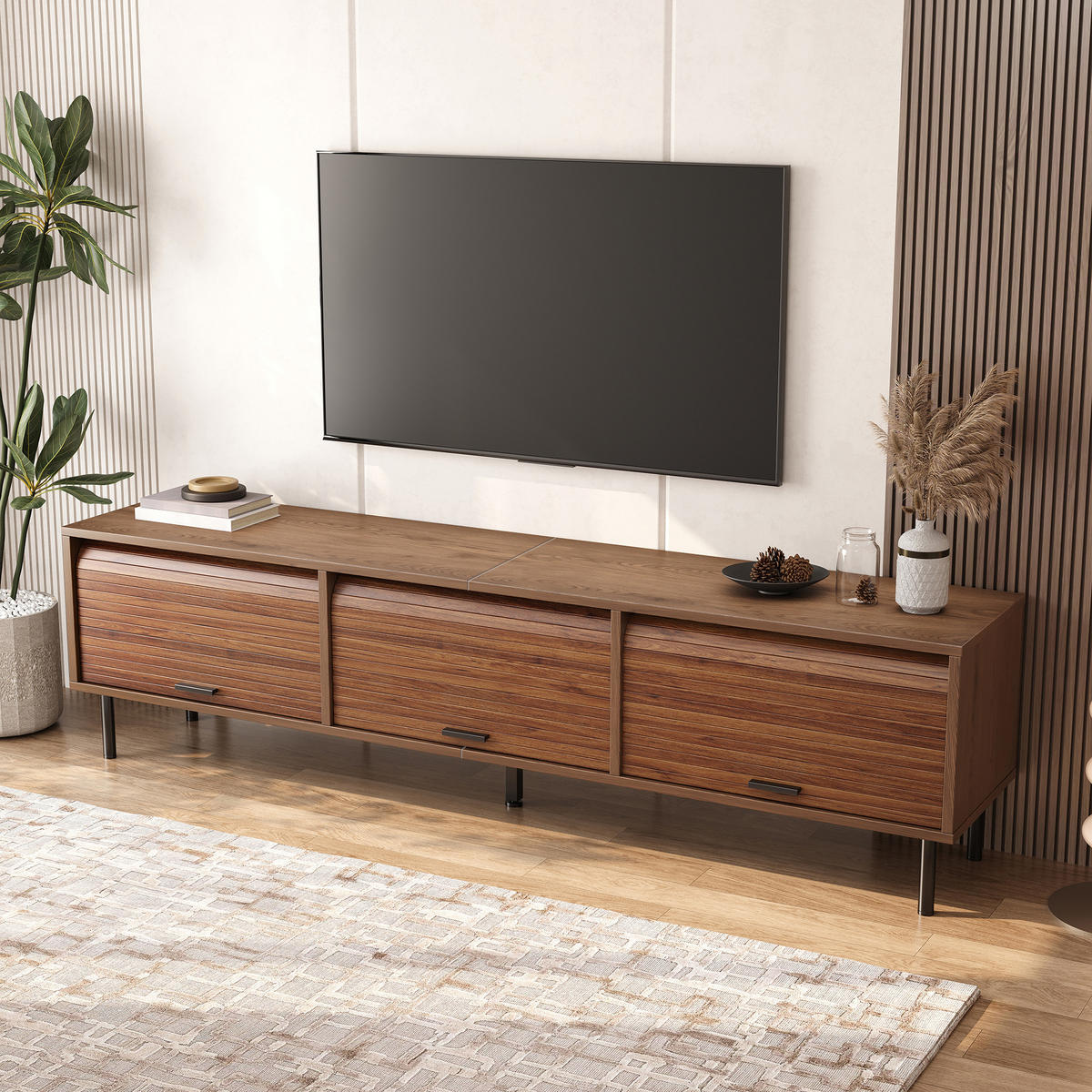 TV-SCHRANK 180/40/55 cm Walnussholzfarbe mit 3 aufschiebbare Türen - Nussbaumfarben/Schwarz, Holz/Holzwerkstoff (180/55/40cm) - Oxeza