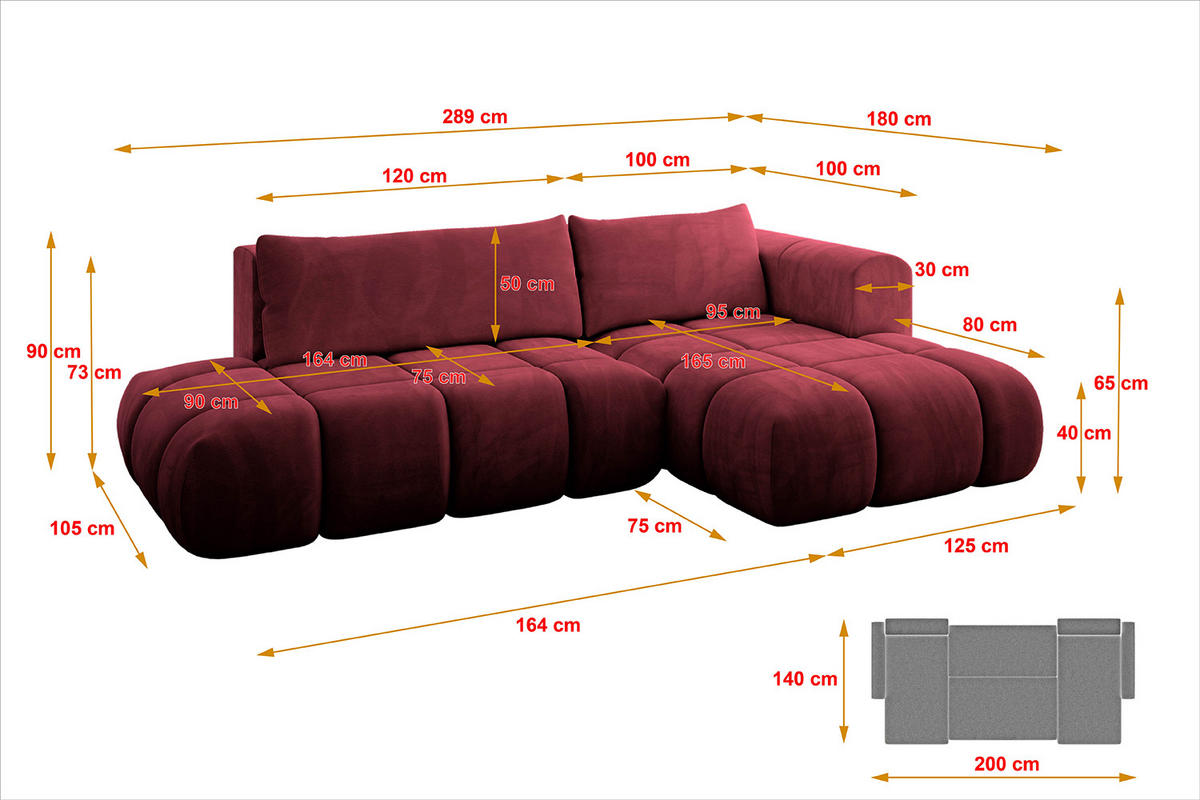 ECKSOFA Ottomane Rechts CLOUD-L 289x180x40 Bordeaux Velours - Bordeaux, Holzwerkstoff/Kunststoff (289/180cm) - ALTDECOR