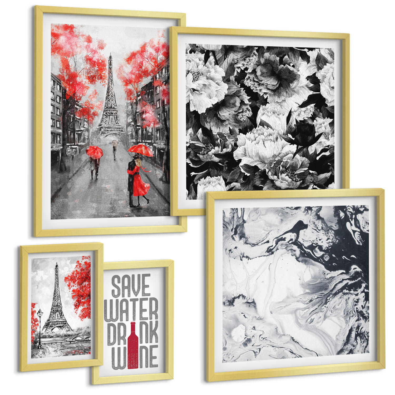 BILDER SET 5er Set - 50x50 cm & 20x30 cm & 40x60 cm Goldrahmen - graue Gemälde des Eiffelturms - Goldfarben, Kunststoff (40/60cm) - TULUP