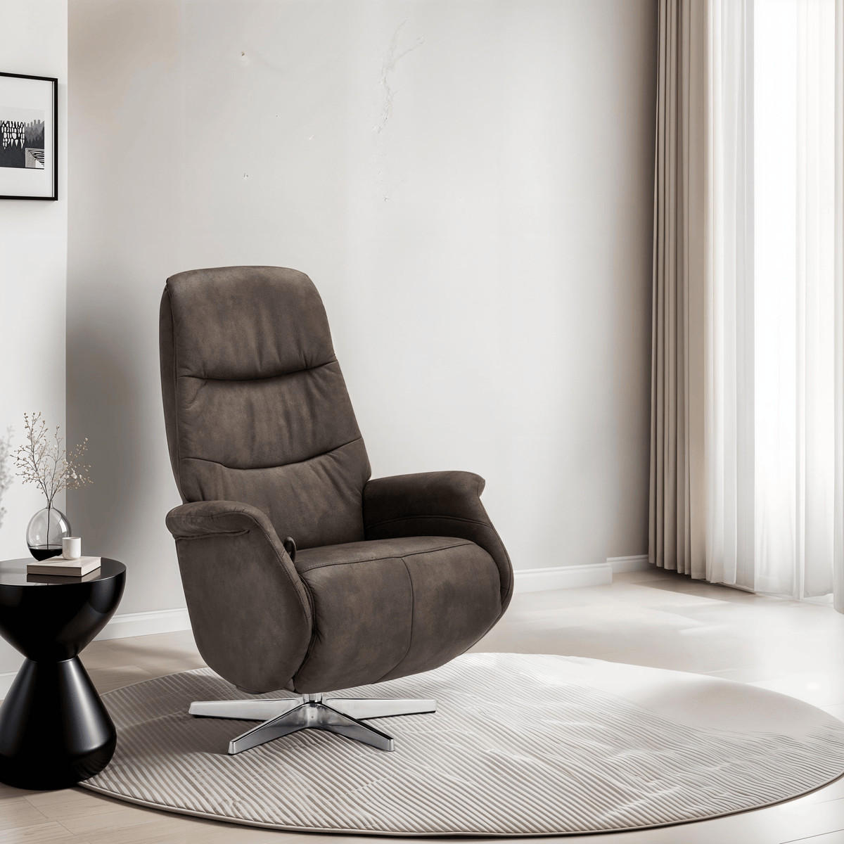 RELAXSESSEL Mikrofaser Taupe Grau - Schwarz/Braun, Leder/Textil (90/114/79cm) - Furnhouse
