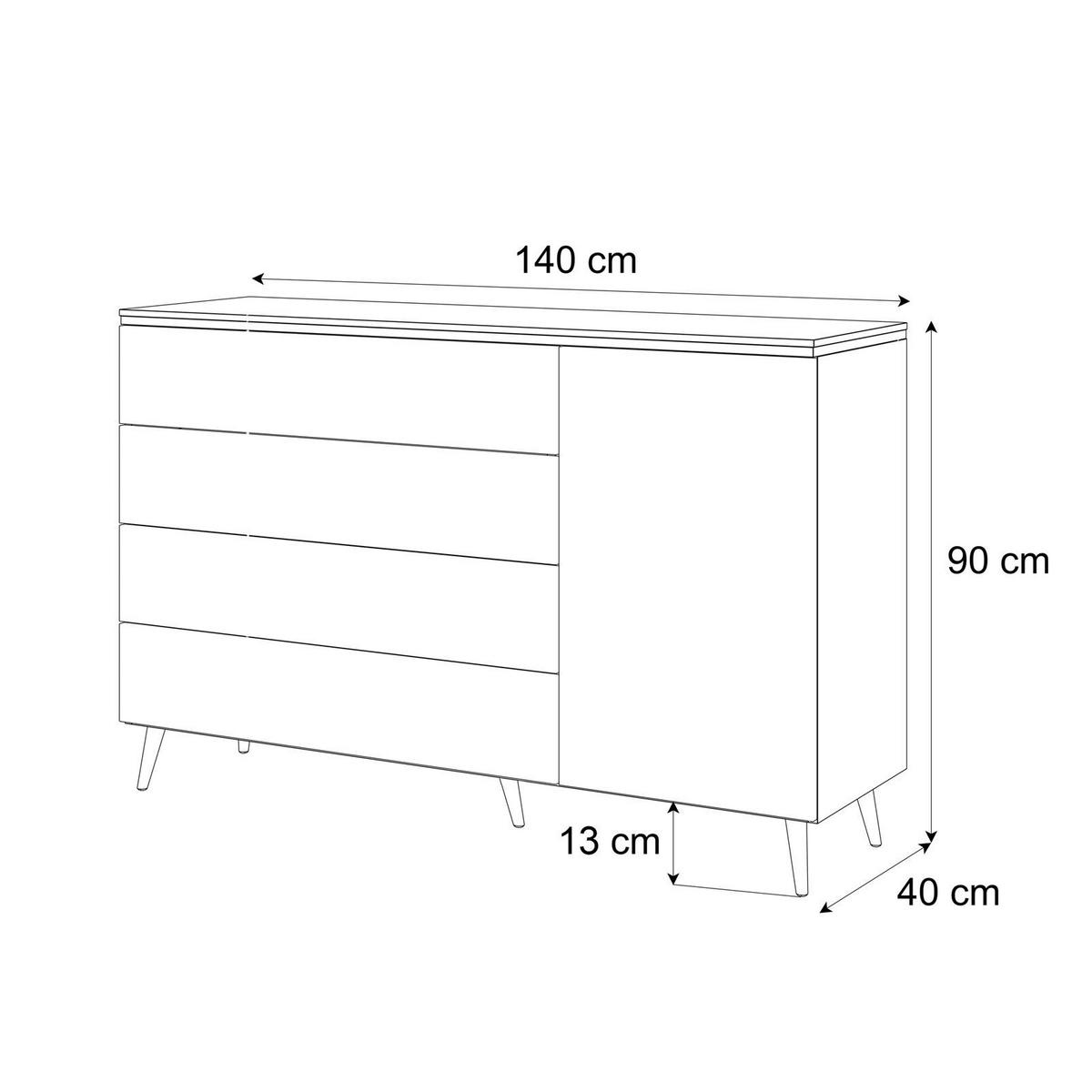 KOMMODE AURORA SILVER 4S1D mit Schubladen – mit schrägen verchromten Beinen - Weiß Hochglanz/Silberfarben, Holzwerkstoff/Metall (140/90/40cm) - Lookway