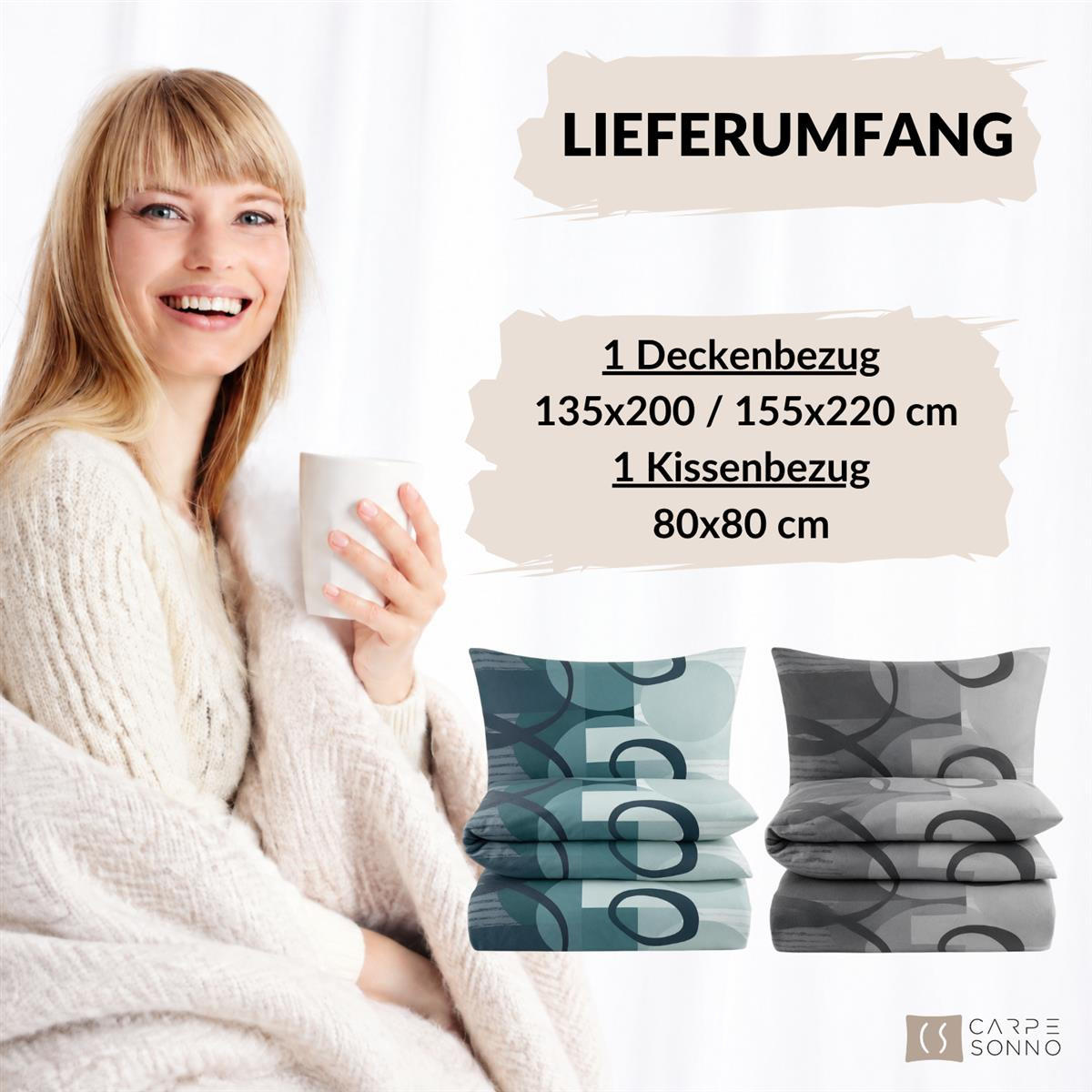 BIBER-BETTWÄSCHE 135x200 - Kuschelig warmer Flanell Bettbezug aus 100% Baumwolle für Herbst & Winter - Kreis Muster Grau - Grau, Textil (135/200cm) - Carpe Sonno