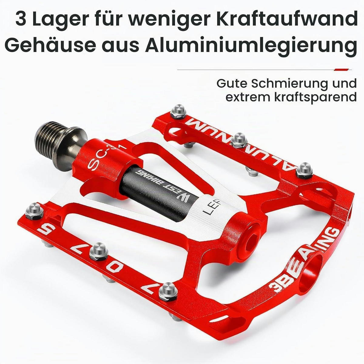 FAHRRADPEDALE Aluminium CNC Rot 9/16 Zoll rutschfest 3 Dichtlager - Rot, Metall (10/1.5/10cm)