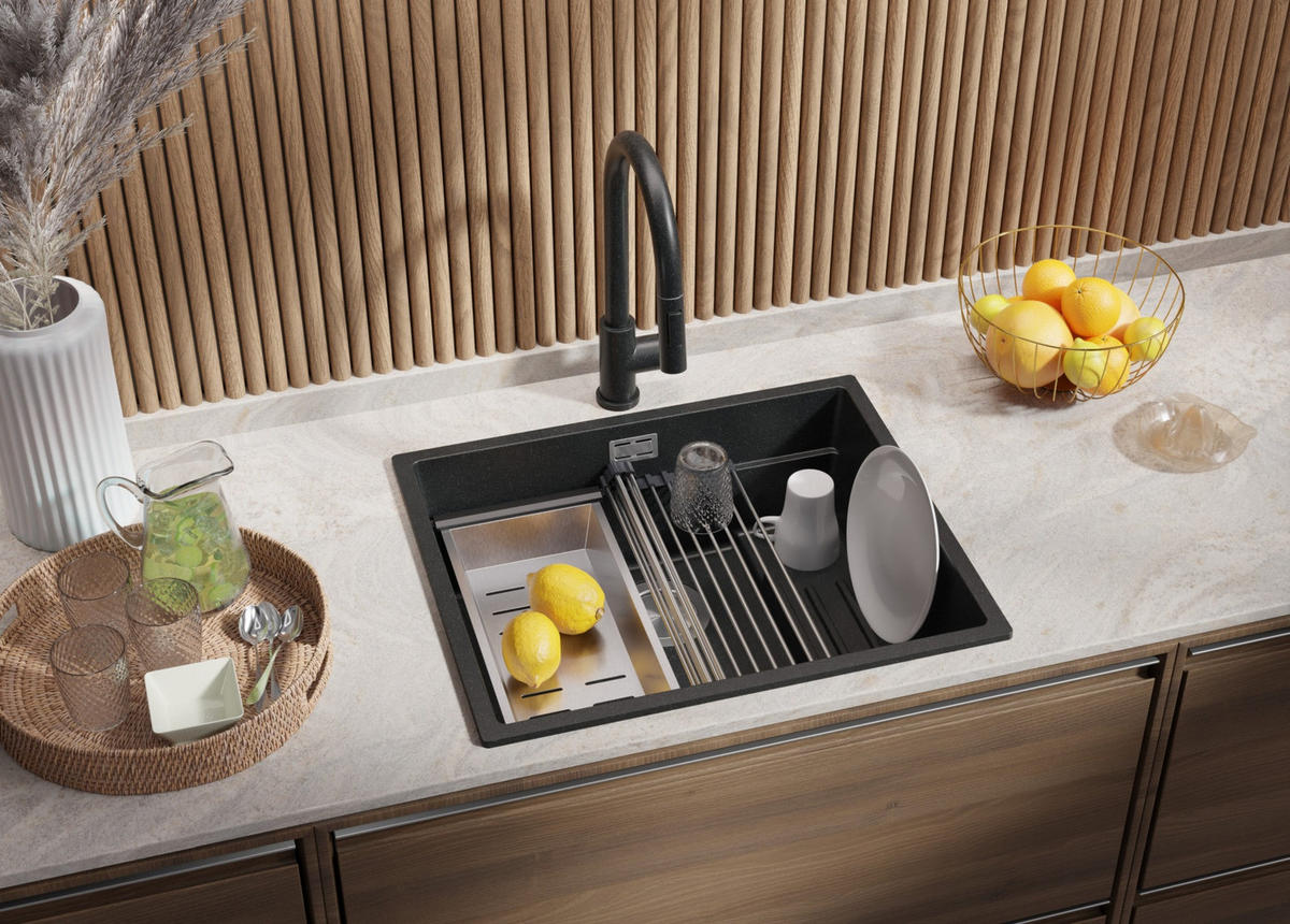 SPÜLBECKEN Praga Slim, 2-er set Anthrazit 56/47 cm 1 Becken + Ablauf-Set + Aufrollbare Abtropffläche ab 60er Unterschrank - Chromfarben/Anthrazit, Kunststoff (56/20/47cm) - Primagran