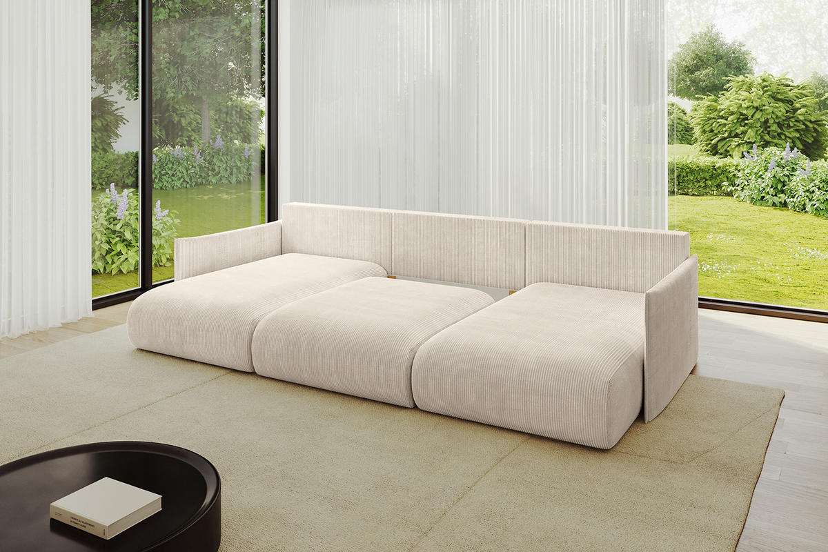 WOHNLANDSCHAFT mit Schlaffunktion und Bettkasten ONESK-U 317x177x72 Beige Cord - Beige, Holzwerkstoff/Kunststoff (317/72/177cm) - ALTDECOR