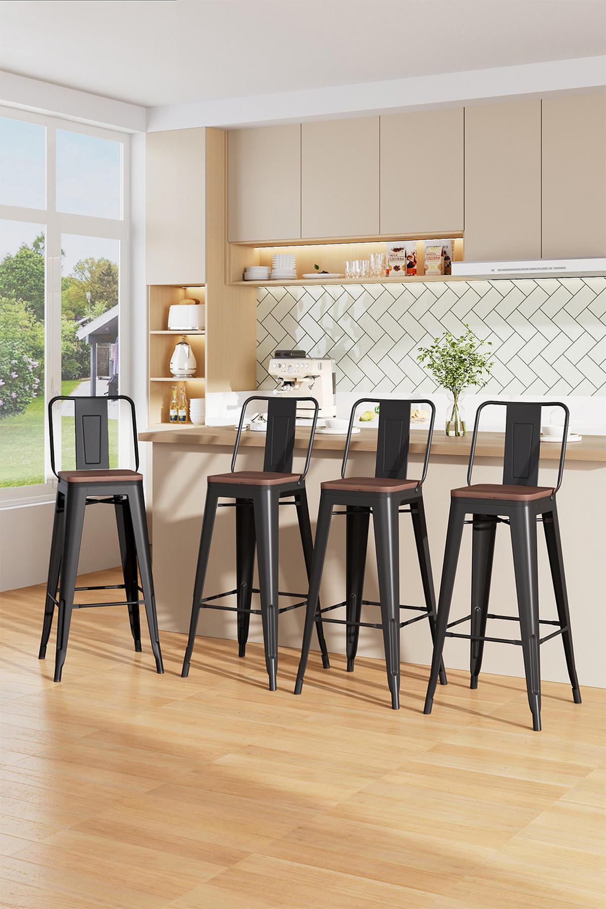 BARHOCKER 4er-Set Hoher mit Metallgestell und Rückenlehne in Schwarz Robust Platzsparend 43 x 43 x 105 cm - Dunkelbraun/Schwarz, Metall (43/105/43cm) - Livingandhome