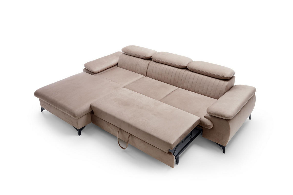 ECKSOFA FIORE Braun Velours-Stoff mit Schlaffunktion - Braun, Holz (280/193cm) - MASSENO