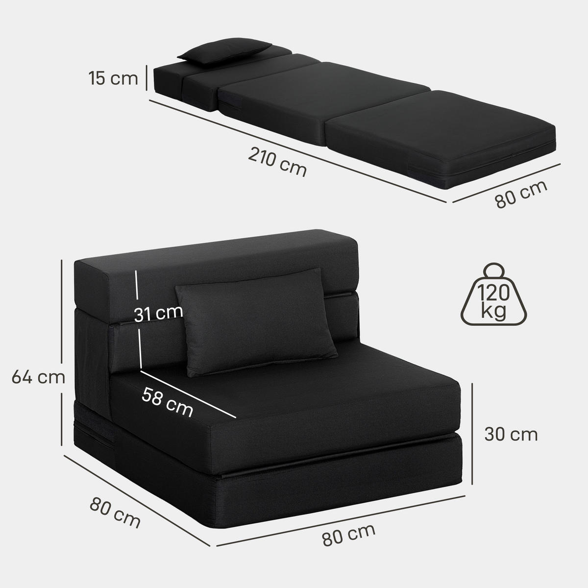 SCHLAFSESSEL DE-14638 klappbar mit Kissen Schwarz - Schwarz, Textil (80/15/210cm) - ComfortXL