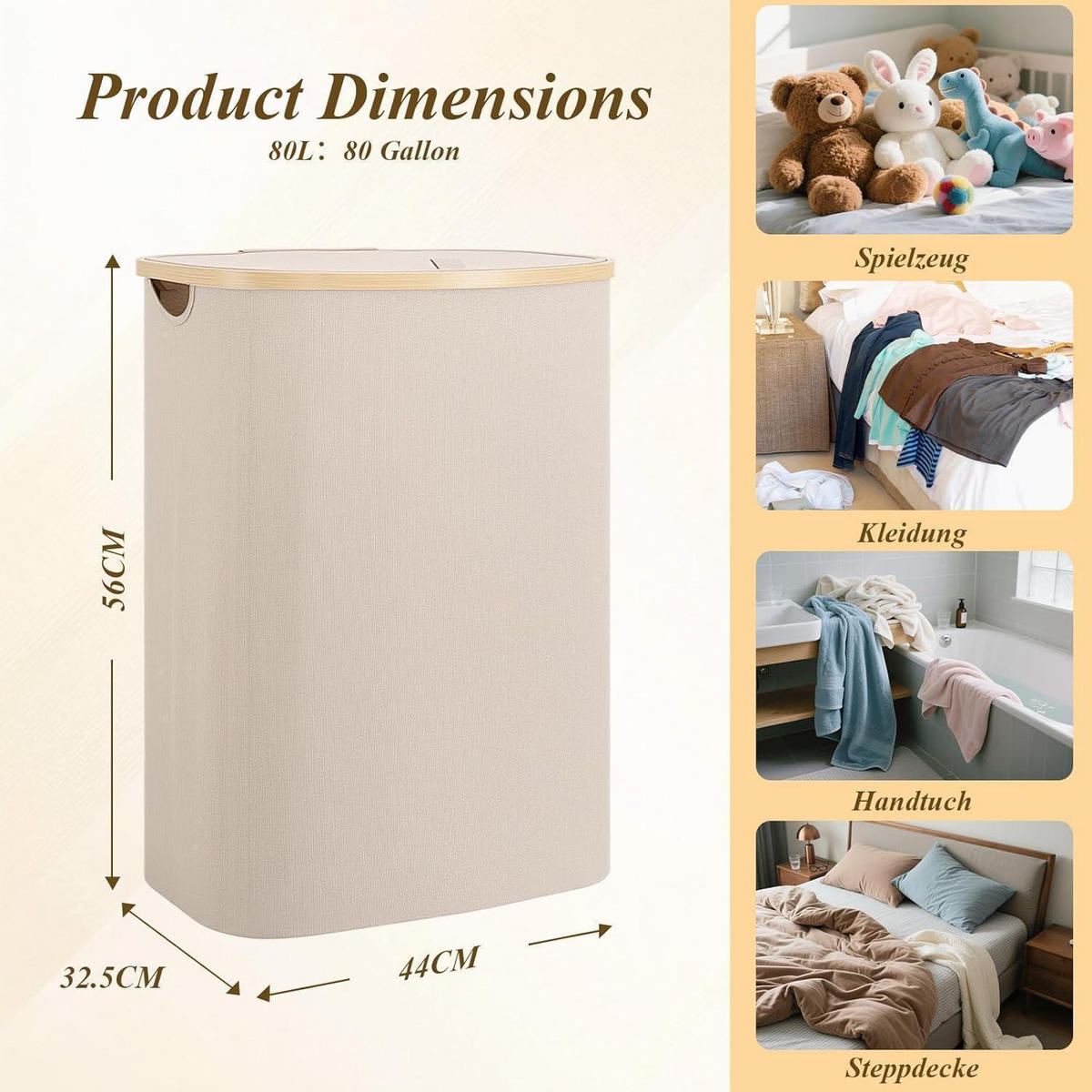 WÄSCHEKORB Bambus 80L mit Deckel und herausnehmbarem Beutel - Beige, Naturmaterialien (32/56/44cm)