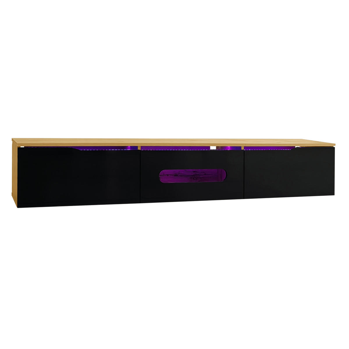 LOWBOARD 180/35/30 cm in Schwarz/Holzoptik mit LED-Beleuchtung, wandmontierbar - Schwarz, Holzwerkstoff (180/30/35cm) - Flora Grace