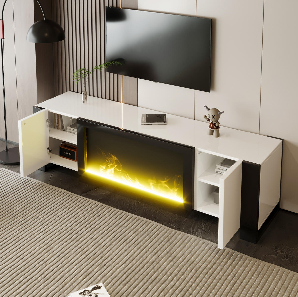 TV stolek 165/32/55 cm s elektrickým krbem, vysoký lesk a úložný prostor, Bílá/Černá - černá, kompozitní dřevo (165/55/32cm) - Redom