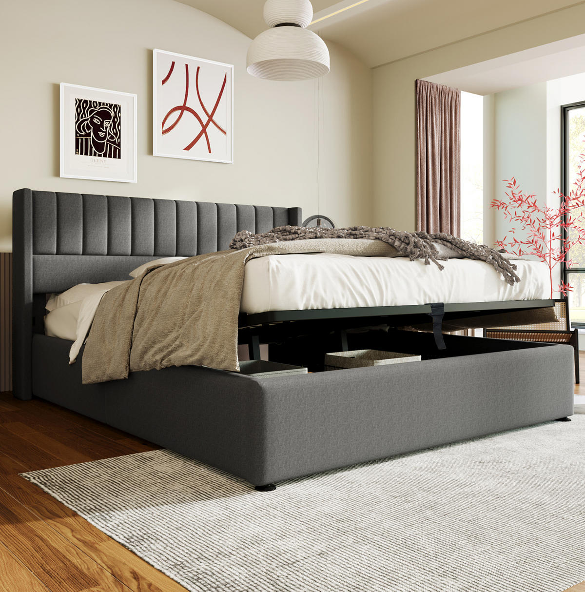 BETT mit Bettkasten 140x200 cm Leinen Grau - Grau, Metall (140/200cm) - Meubliv