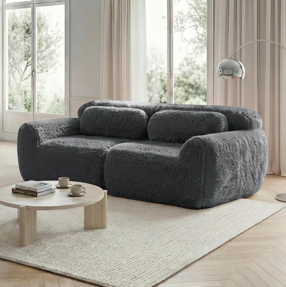 2-SITZER Sofa aus Plüsch mit modularem rahmenlosem Design Grau - Grau, Textil (104/73/204cm) - Modenvie