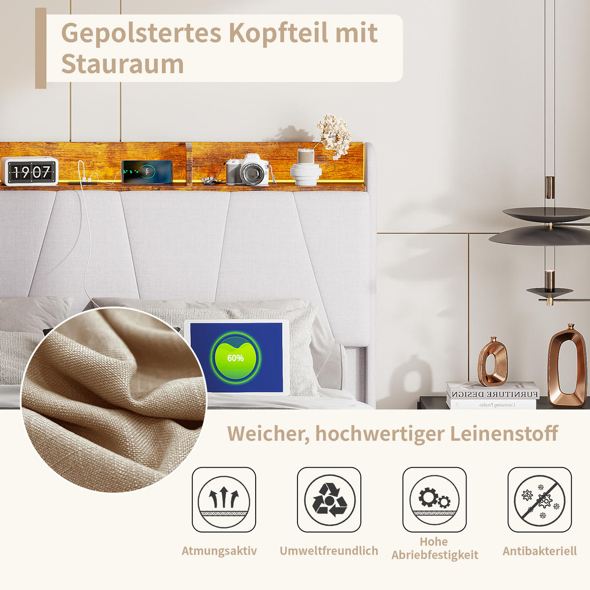 POLSTERBETT 160x200 cm, Beige, LED-Beleuchtung, USB/TPCY-C - Beige, Textil/Metall (160/200cm)