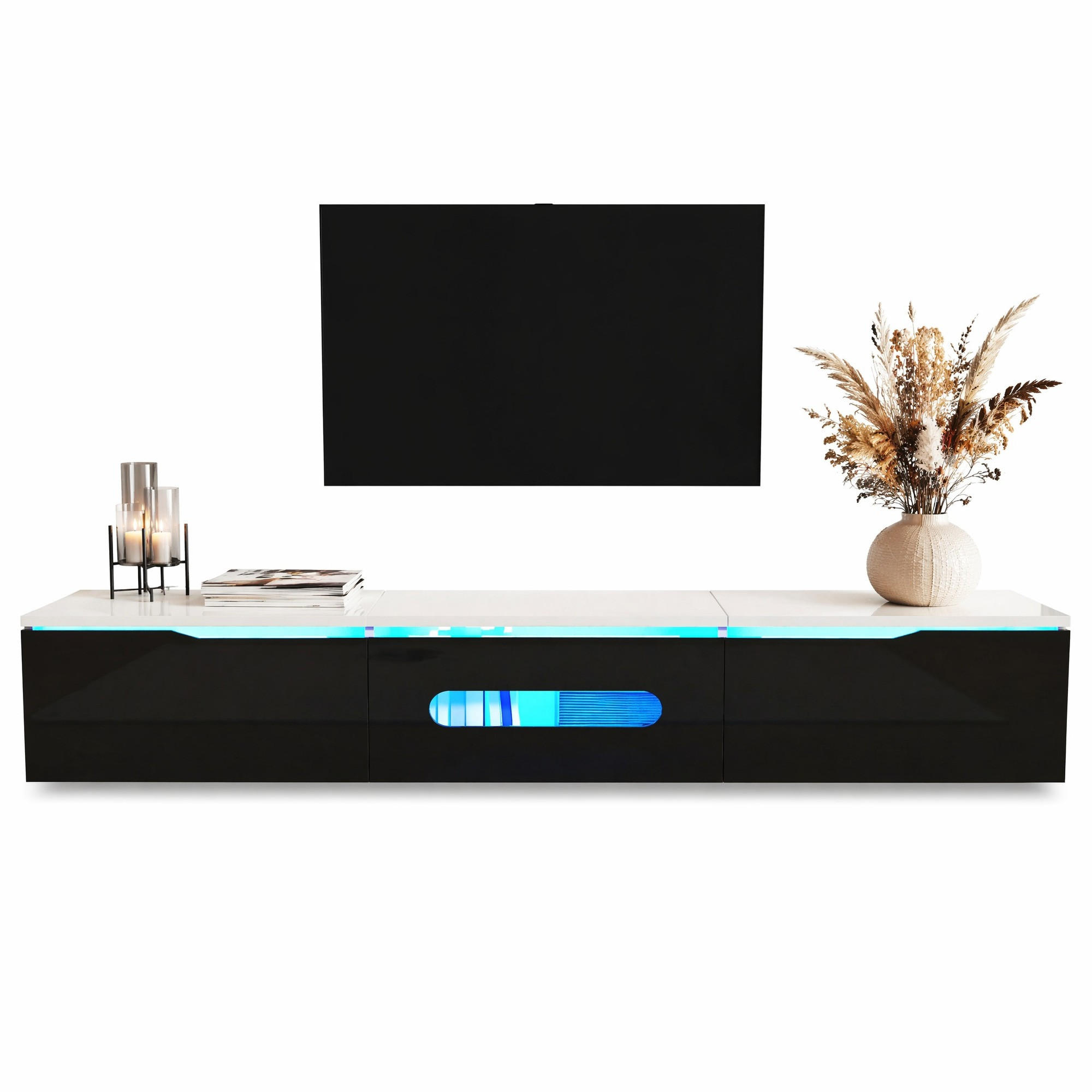 STILVORA TV STOLEK černobílý s LED osvětlením v 16 barvách, nástěnný, 180×35×30 cm