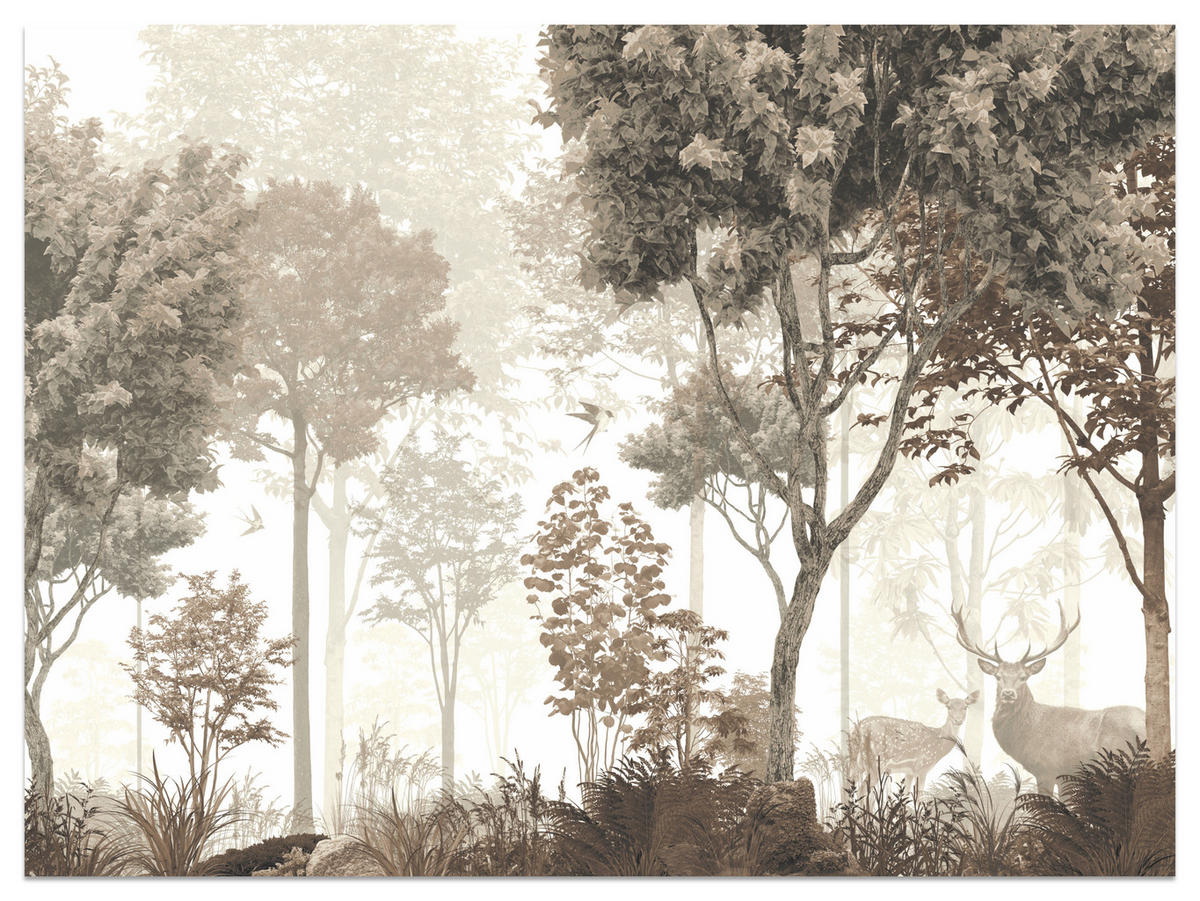 FOTOTAPETE für Esszimmer Vintage Wald Bäume Hirsche 500x350 - Gelb/Beige, Papier (500/350cm) - Muralo
