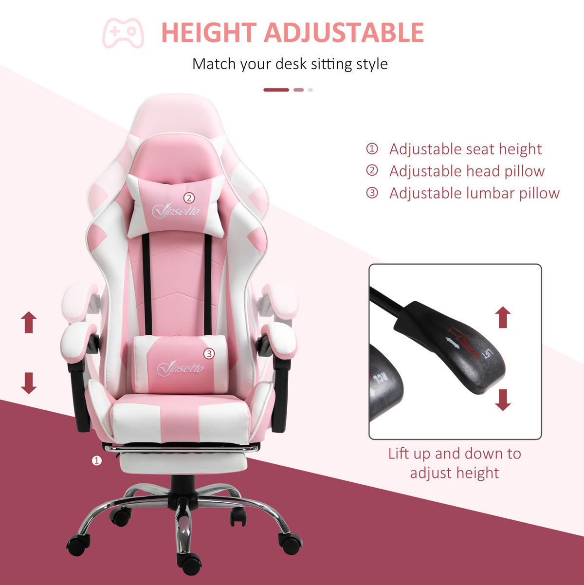 DREHSTUHL 64/67/119-127 cm pink aus Schaumstoff mit Fußstütze - Pink, Kunststoff (67/127/64cm) - OKWISH