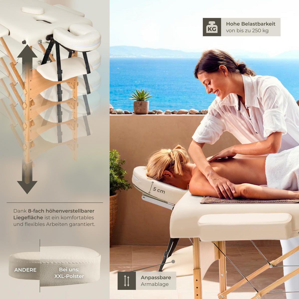 MASSAGELIEGE 2 Zonen Freddi,210 x 95 x 84 cm,beige - Beige, Holz (61/62/185cm) - tectake