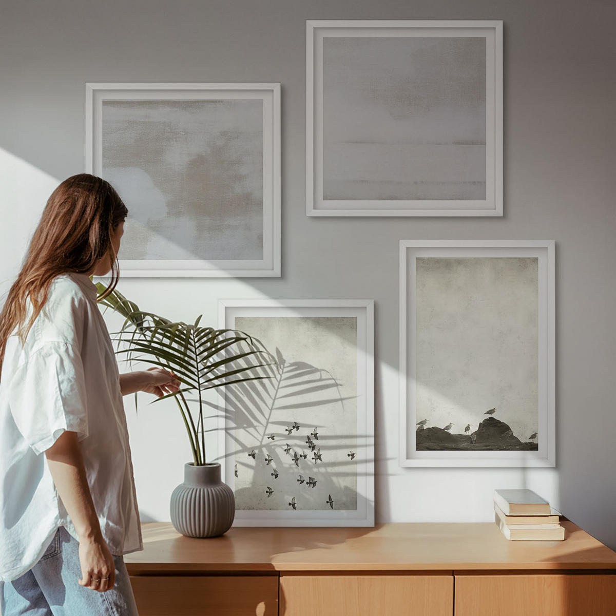 WANDBILDER 4er-Set - 50x50 cm & 40x60 cm Weißer Rahmen - Minimalistische Vögel im Flug - Weiß, Kunststoff (50/50cm) - ArtPrintCave
