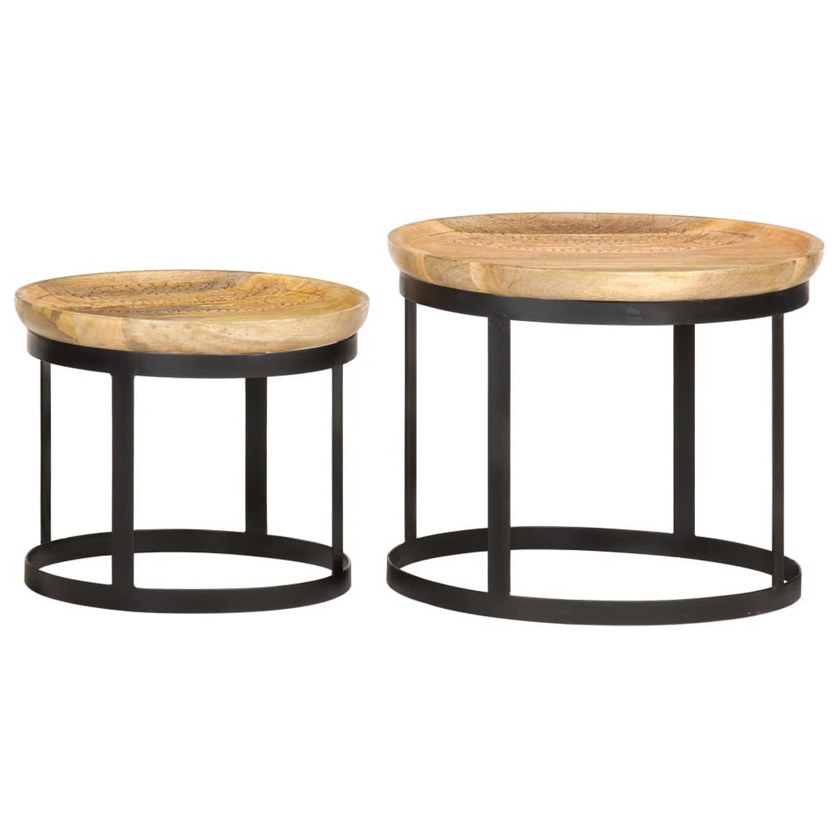 RUNDE Beistelltische 2er set Mango Massivholz Und Stahl - Schwarz/Braun, Holz/Metall (53/53/44cm) - vidaXL