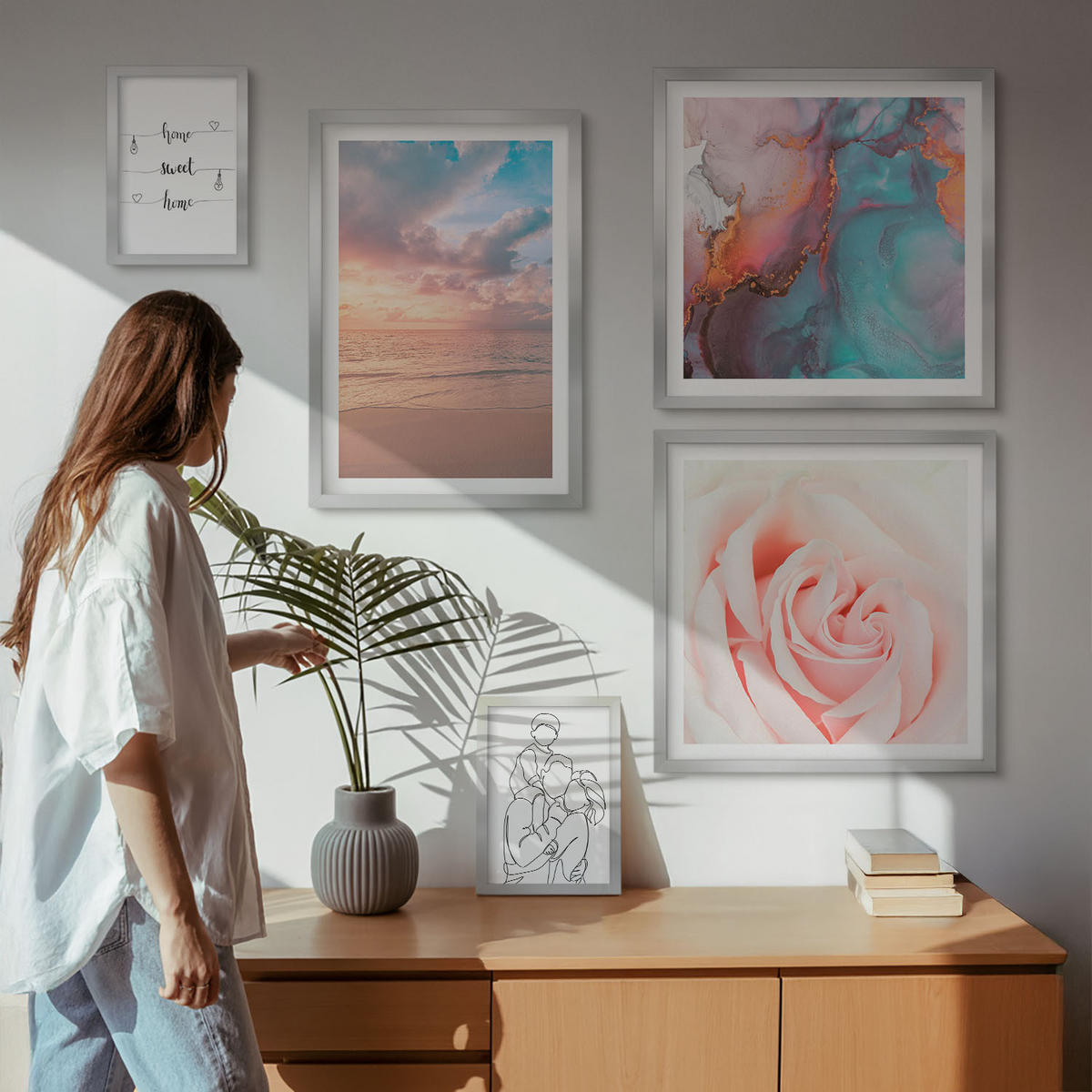BILDER SET 5er Set - 50x50 cm & 20x30 cm & 40x60 cm Silberner Rahmen - Blumenfamilie minimalistisch - Silberfarben, Kunststoff (40/60cm) - TULUP