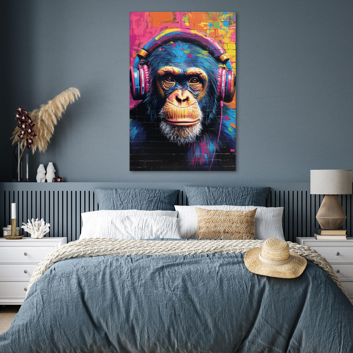 POSTER Graffiti - Schimpanse - Straßenkunst - Kopfhörer - Affe 80x120 cm - Blau, Papier (80/120/0.1cm) - MuchoWow