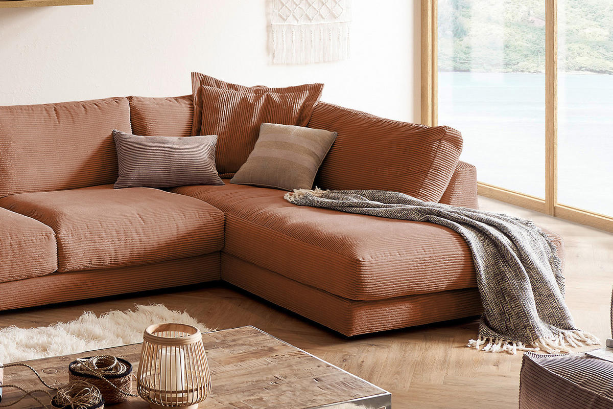 WOHNLANDSCHAFT MADELINE Braun Cord - Rotbraun/Schwarz, Kunststoff/Textil (425/86/224cm) - KAWOLA