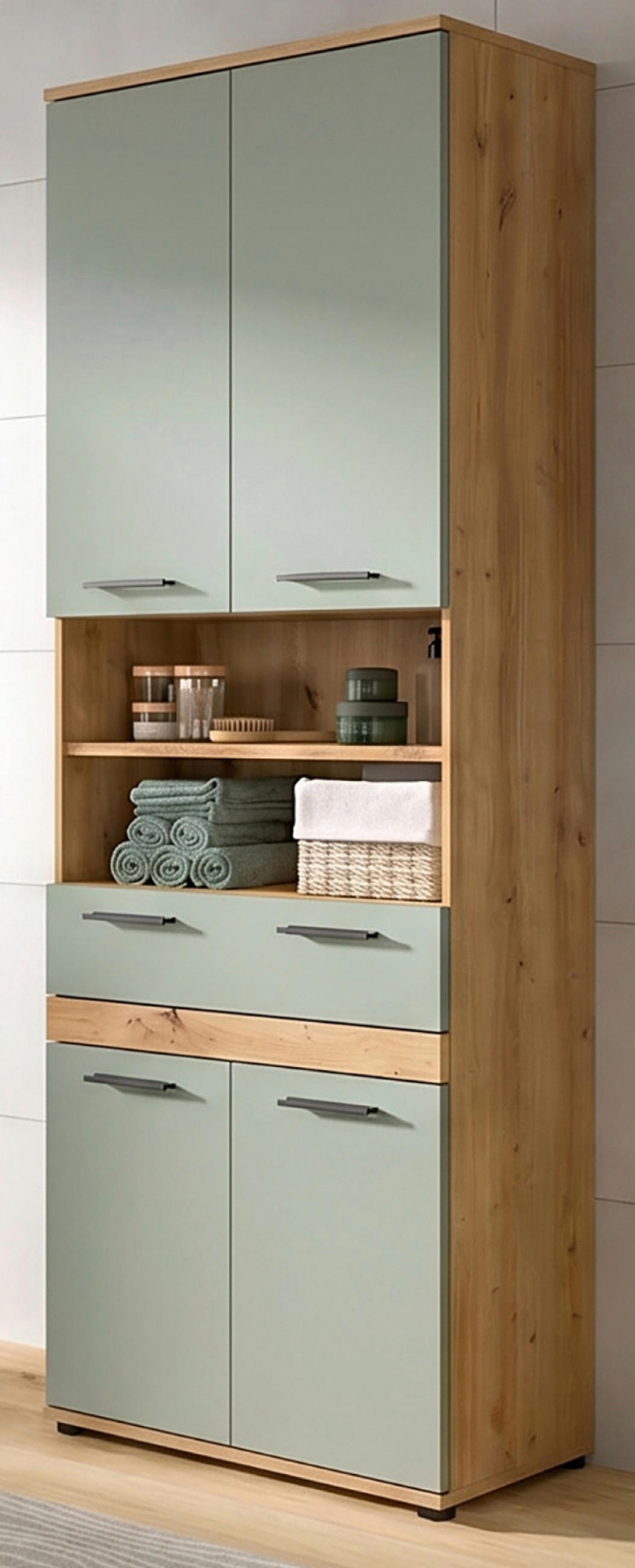 HOCHSCHRANK Salbei, Artisan Eiche 70 x 191 cm, Badschrank mit viel Stauraum - Salbeigrün/Schwarz, Holzwerkstoff/Kunststoff (70/191/31cm) - Inn.Furn