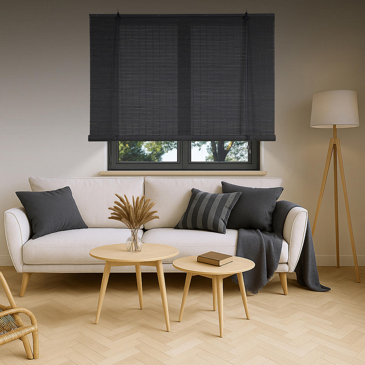BAMBUSROLLO in Lamellen Grau 120x250 - Grau, Holz (120/250cm) - STORESDECO
