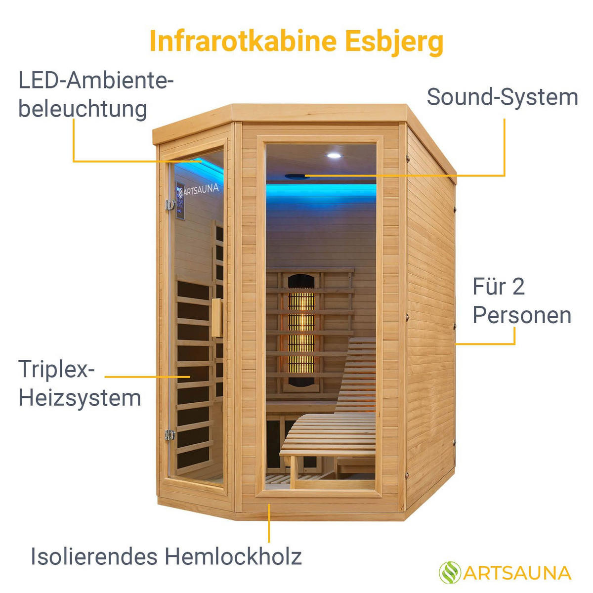 INFRAROTKABINE Esbjerg mit Triplex-Heizsystem & Hemlockholz - Naturfarben, Holz (130/190/190cm) - Artsauna