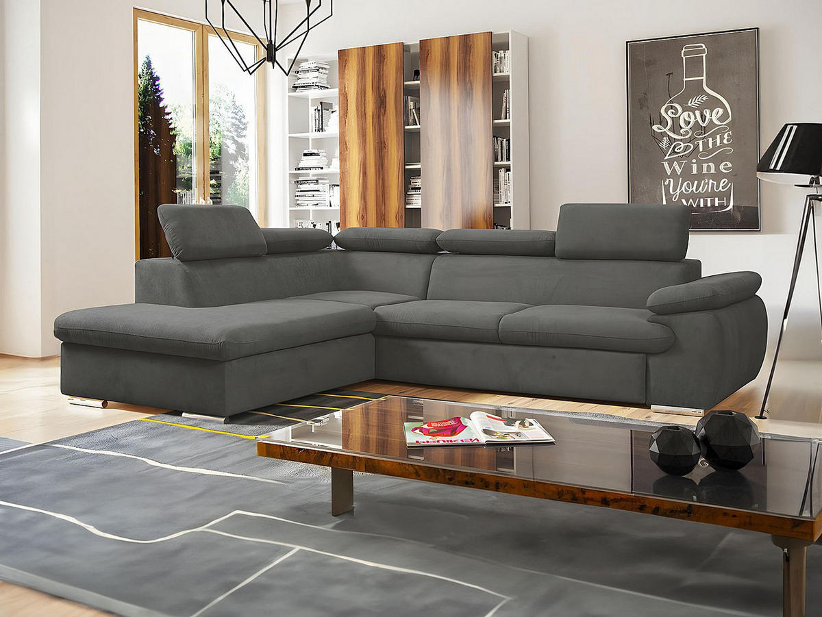 ECKSOFA mit Schlaffunktion & Bettkasten - Ecke Links - Anthrazit - FABIEN - Anthrazit, Textil (221/271cm) - Vente-Unique