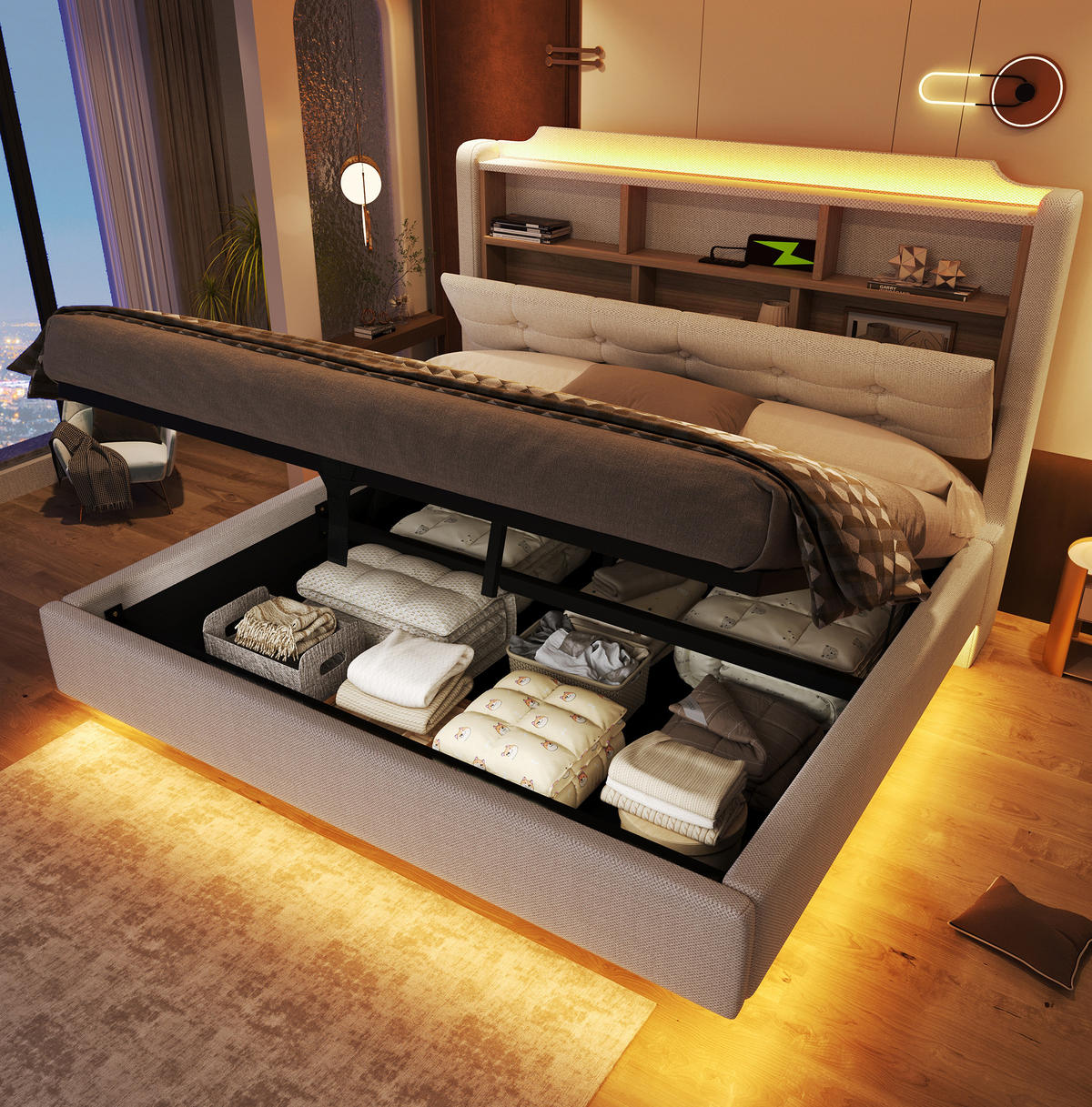 POLSTERBETT 140/200 cm mit LED-Beleuchtung und Bettkasten in Beige - Beige, Textil (140/200cm) - BEAOK