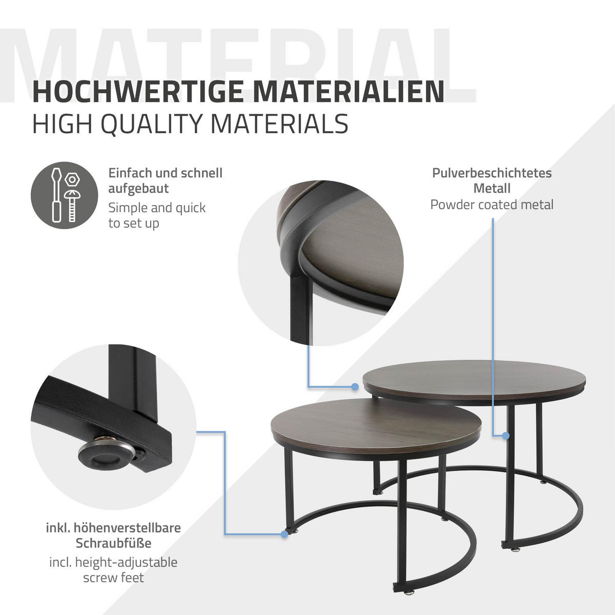 COUCHTISCH rund Eiche-dunkel-Schwarz 74/74/48-59/59/40 cm 2er Set - Dunkelbraun, Metall (74/48/74cm) - ML-DESIGN