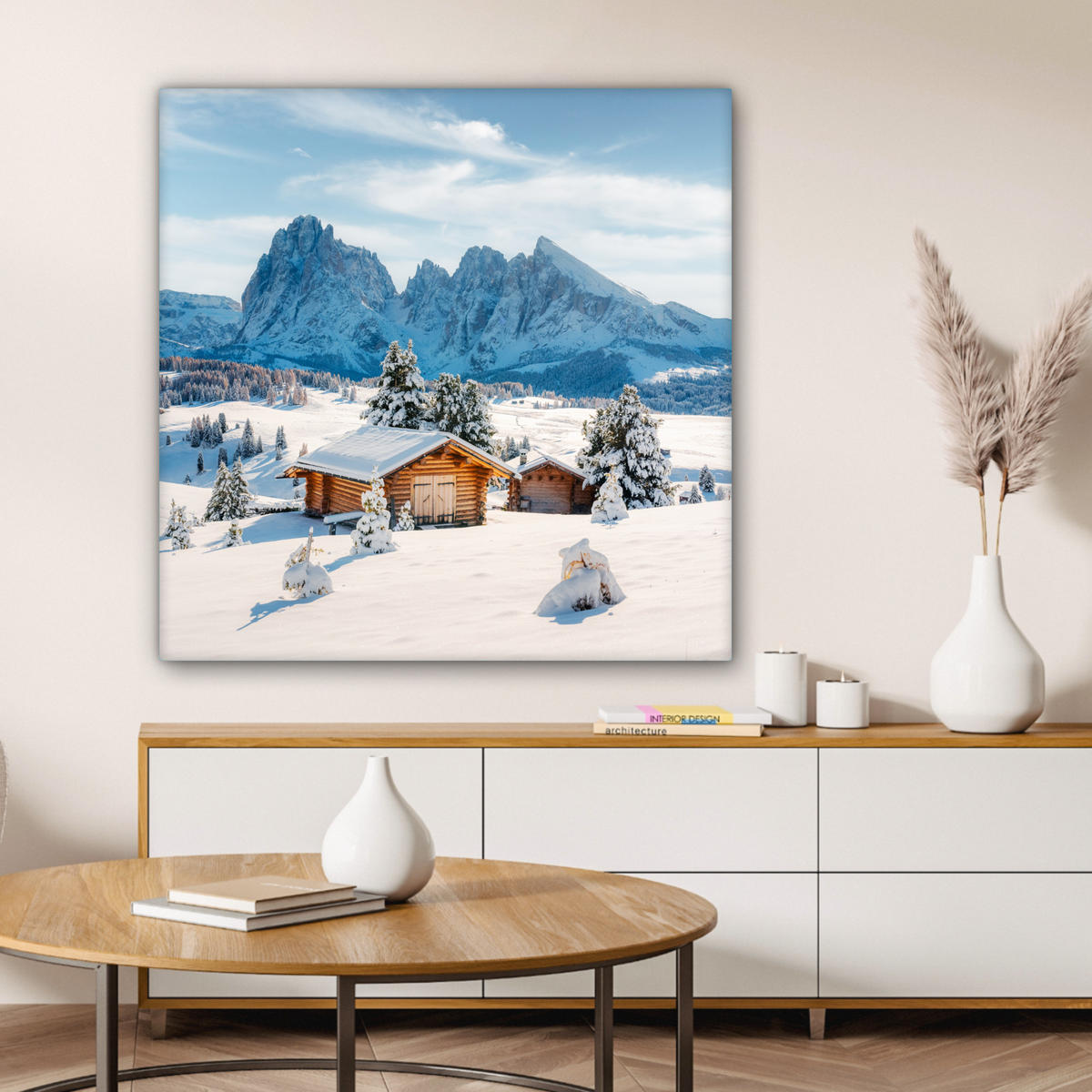 LEINWANDBILD Winter - Hütte - Berge - Aussicht - Schnee 90x90 cm - Eichefarben, Textil (90/90cm) - MuchoWow