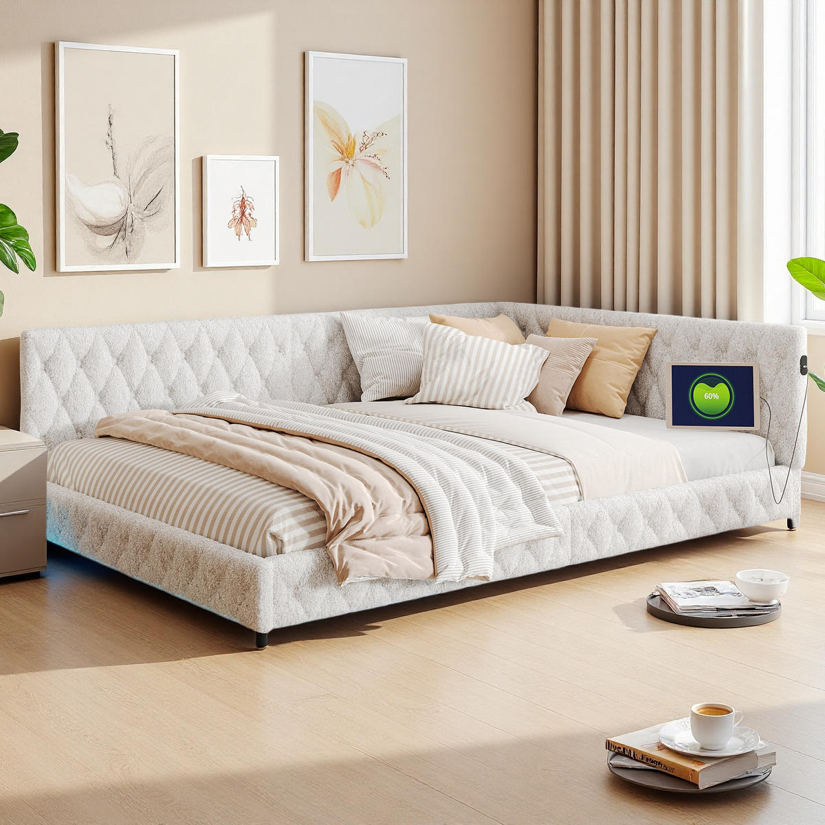 POLSTERBETT 140/200 cm Beige mit LED-Beleuchtung und USB - Beige, Holz (140/200cm) - SHOPENTRA