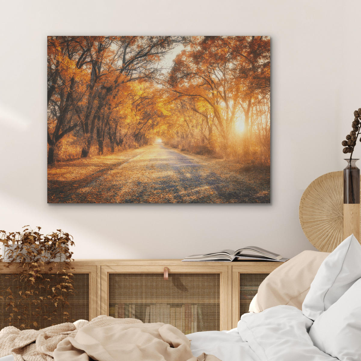 AKUSTIKPANEEL Wald - Herbst - Bäume - Waldweg - Natur 80x60 cm - Bernsteinfarben, Textil (80/0.9/60cm) - MuchoWow