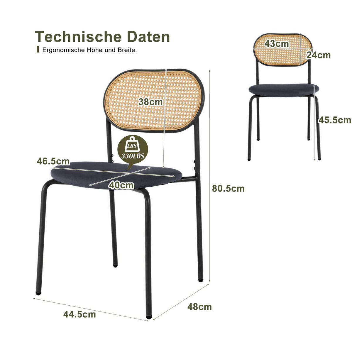 ESSZIMMERSTÜHLE 2er-Set, Rattan und Metallbeine, Schwarz - Schwarz, Holz (44.5/80.5/48cm)