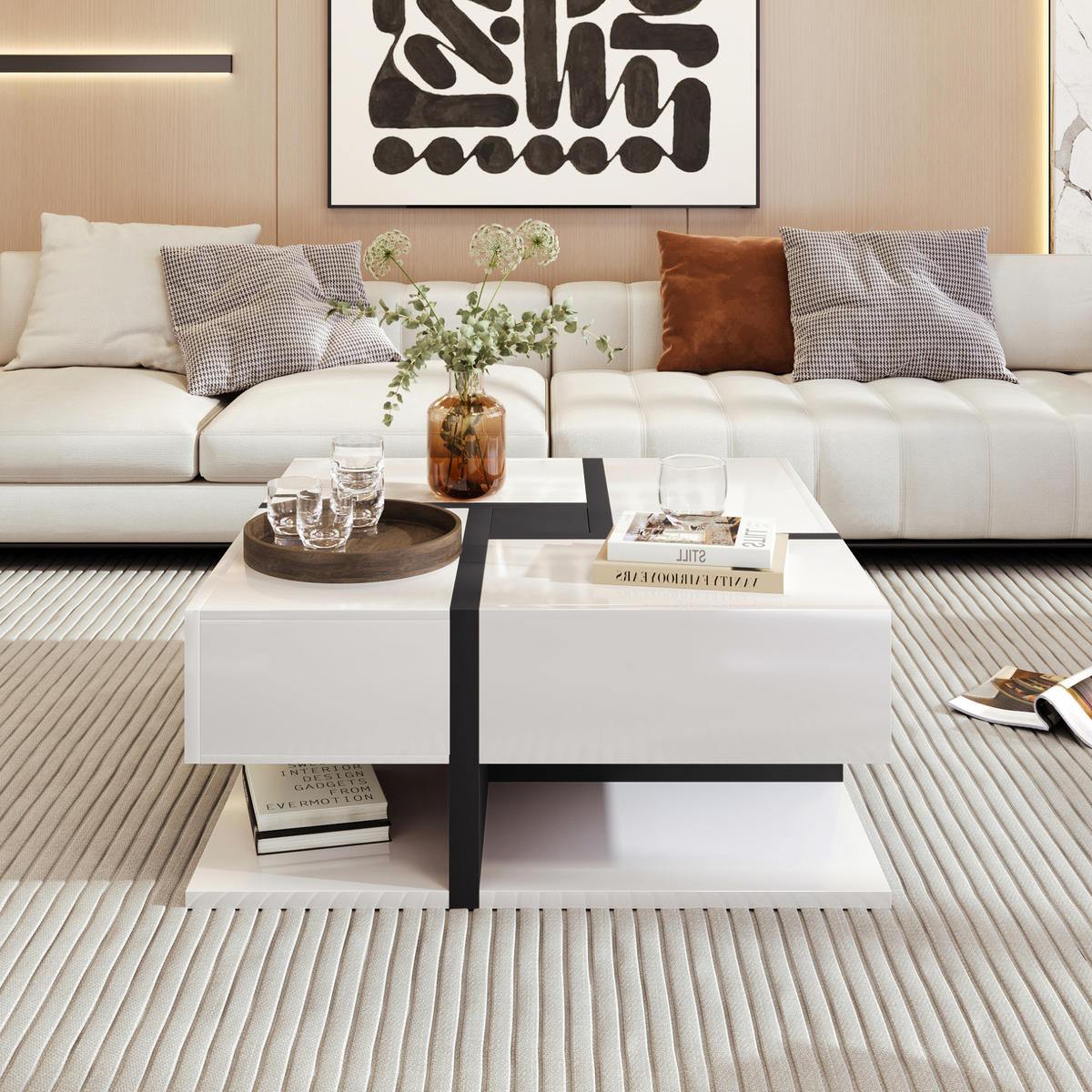 COUCHTISCH, quadratisches Design, Hochglanzoberfläche mit 4 Schubladen, 78/78/36 cm, Weiß und Schwarz - Weiß, Holzwerkstoff (78/78/36cm) - Redom