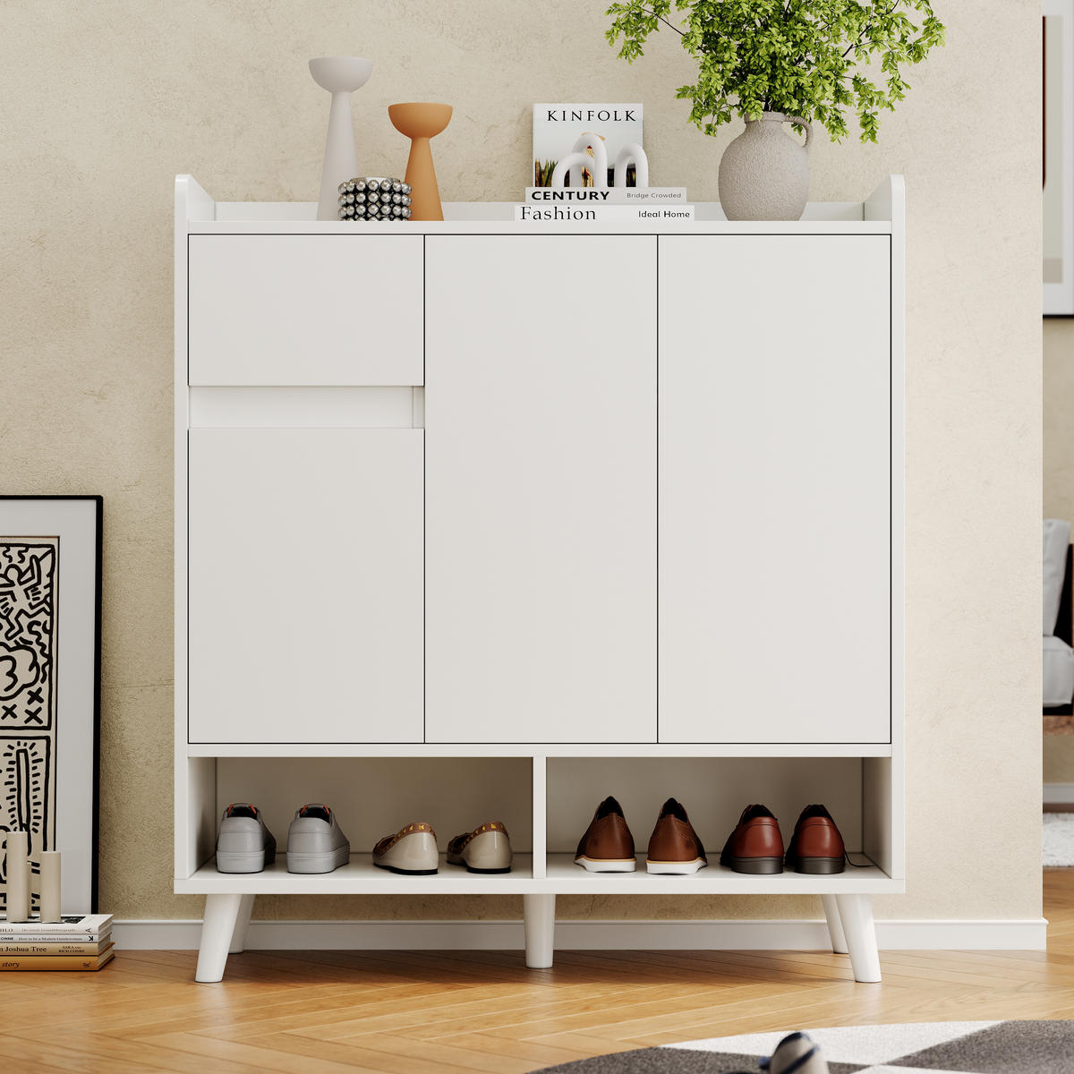SCHUHSCHRANK in Weiß Sideboard mit verstellbaren Einlegeböden & Massivholzbeinen, für Wohnzimmer oder Schlafzimmer, B90/T35/H99cm - Weiß, Holzwerkstoff/Metall (90/100/35cm) - STILVORA